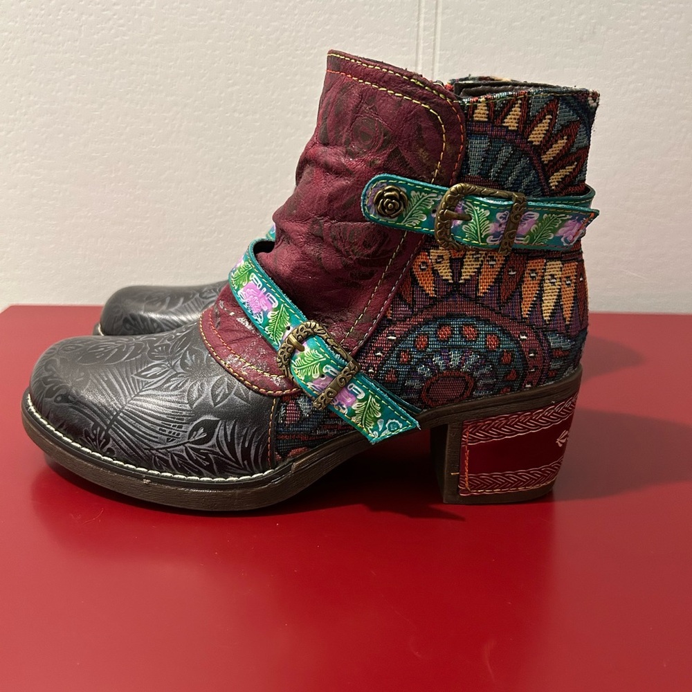 Socofy Bohemian Leather/Tapestry Ankle Boots Size 38
